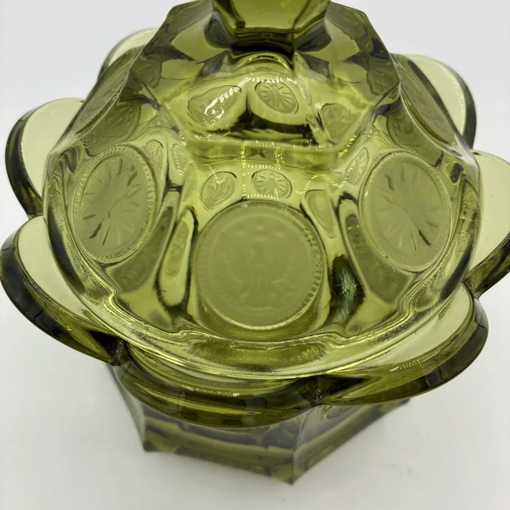 Vintage Fostoria Coin Glass Candy Dish w Lid Avocado Green Eagle 1887 Pedestal